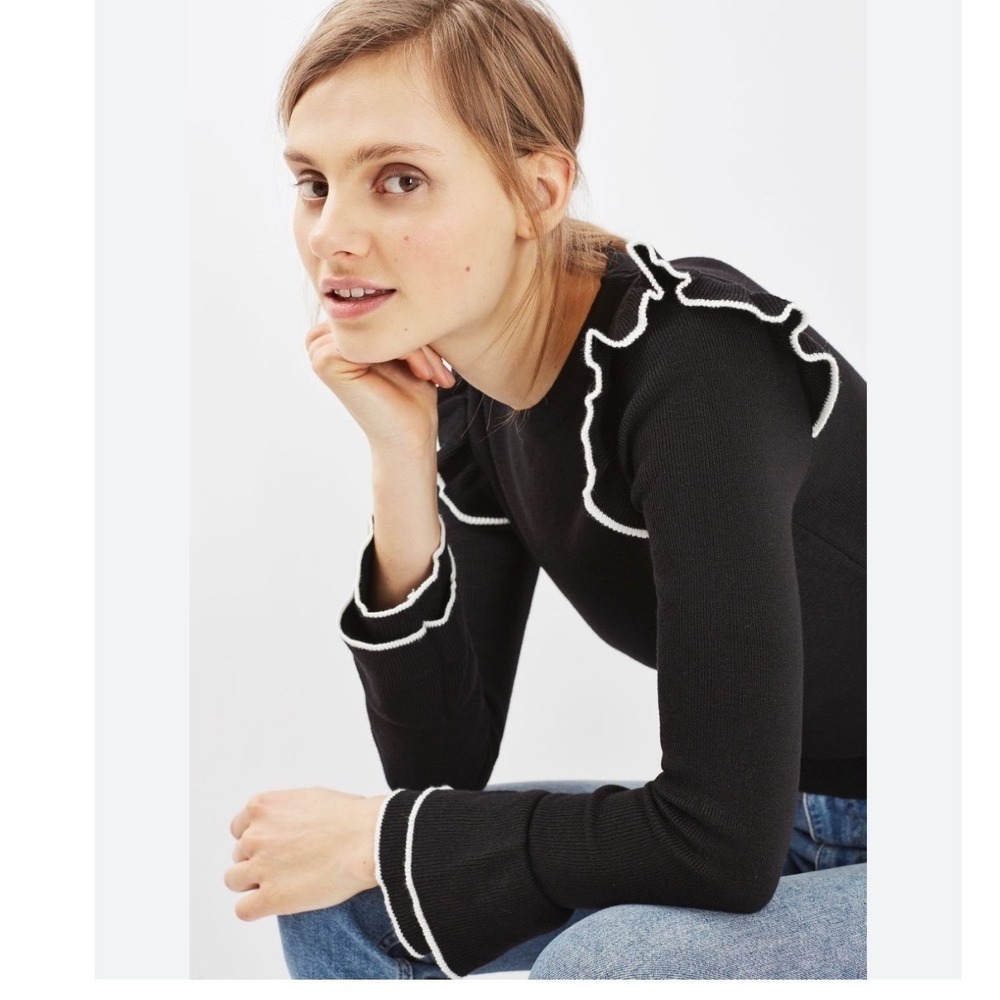 Topshop Black Ribbed Ruffle Sweater Coquette Bell Sleeve White Trim Size 4